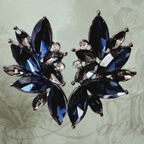 Retro Fancy Rhinestone Stud Earrings Woman's Drops Crystal Blue Cluster Dangle B - Picture 6 of 10